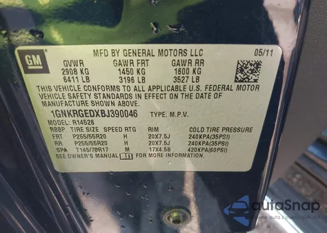 2011 Chevrolet Traverse 1Lt из США, поврежденный, VIN 1GNKRGEDXBJ390046